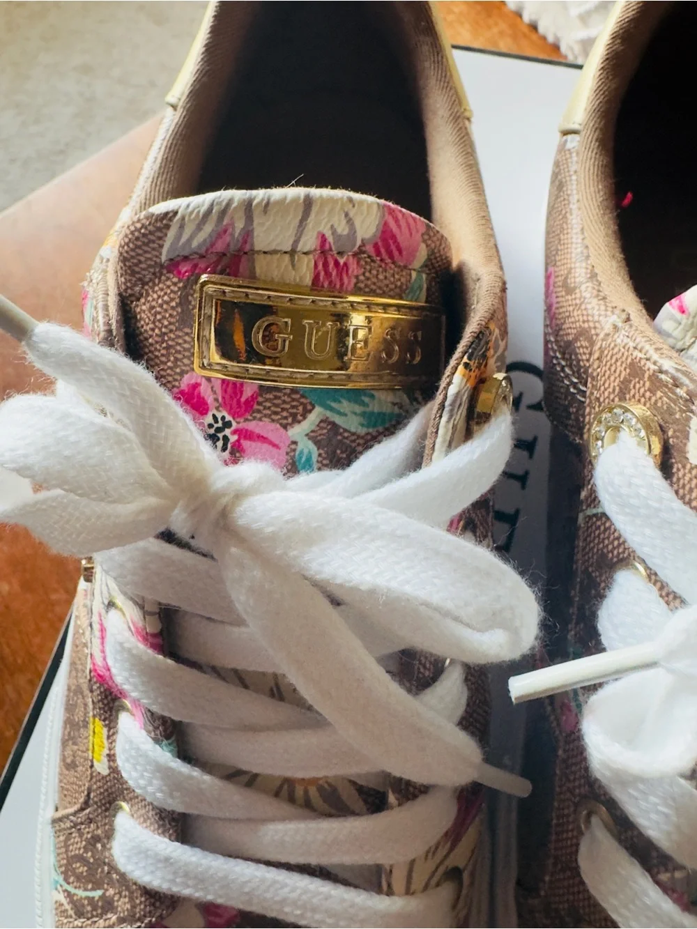 Guess Floral Logo Canvas Sneakers in Brown, White, Pink & Yellow - Picture 2 of 5